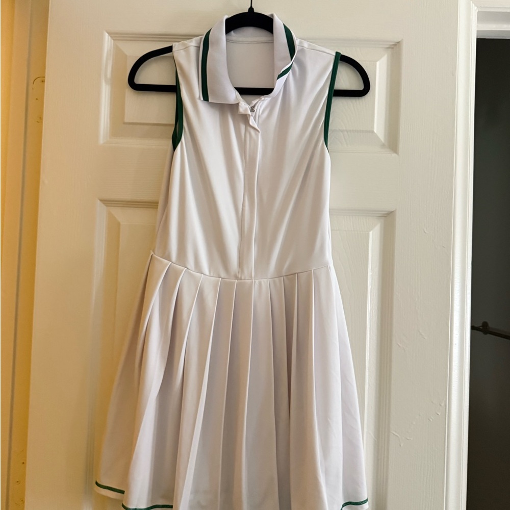 Sleeveless White Tennis Dress with Green Trim